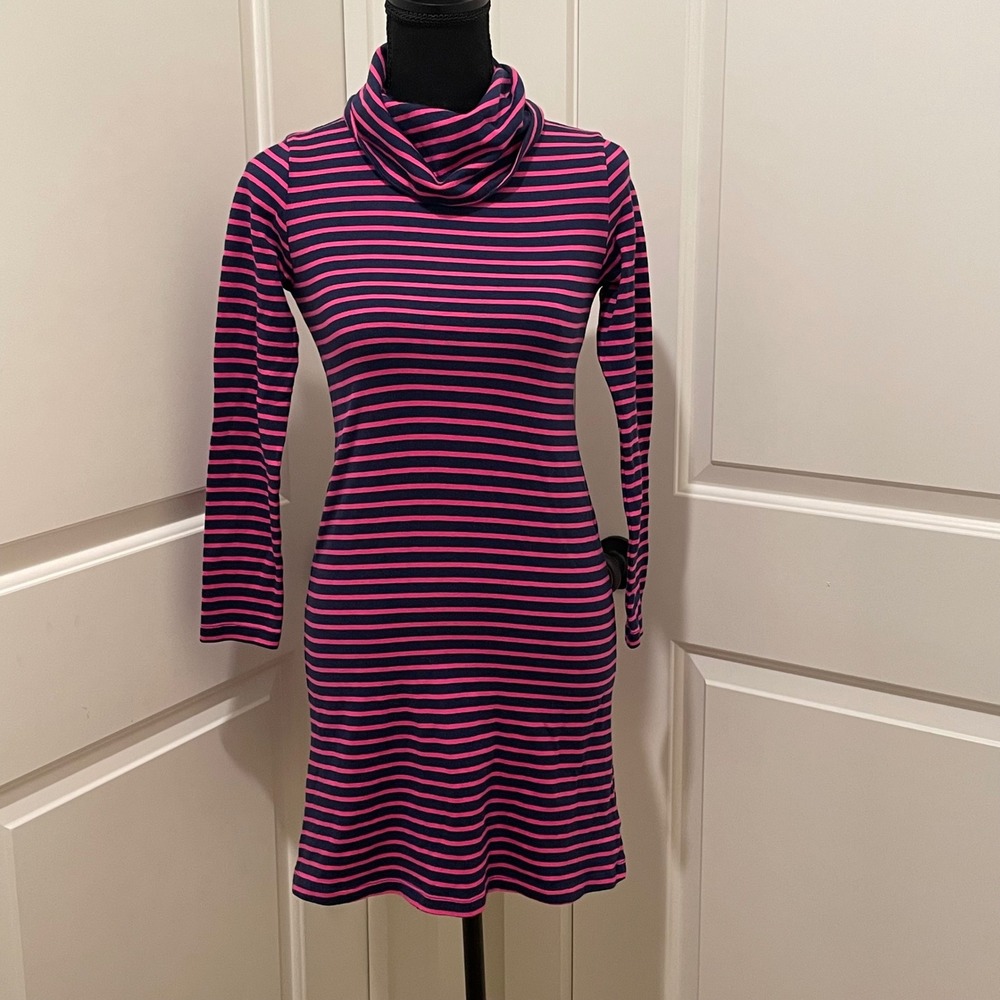 Vineyard Vines Striped Turtle Neck Long Sleeve Sweater Dress Pink Navy Women L